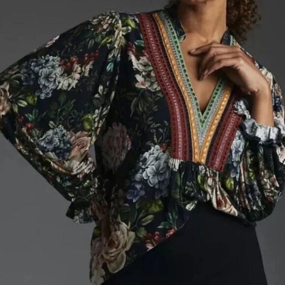 Bl^nk London X Anthropologie NWOT Stephanie Dark Floral Embroidered V-Neck Top - Picture 2 of 6